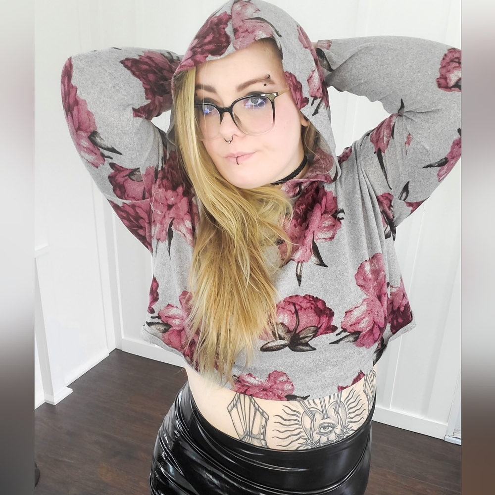 Floral Gray and Pink Women's Hoodie Top LG